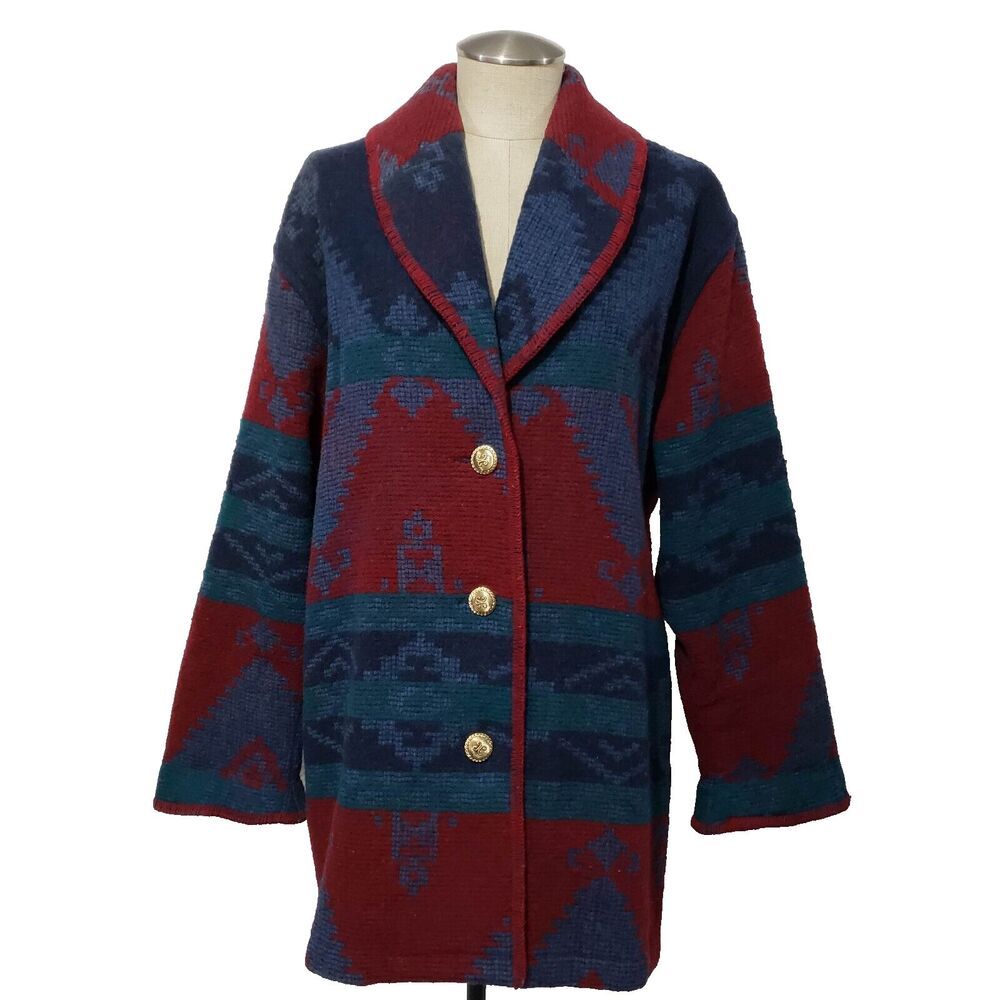 Vtg Eddie Bauer Wool Blend Women's Coat Southwestern Pattern Made in USA M